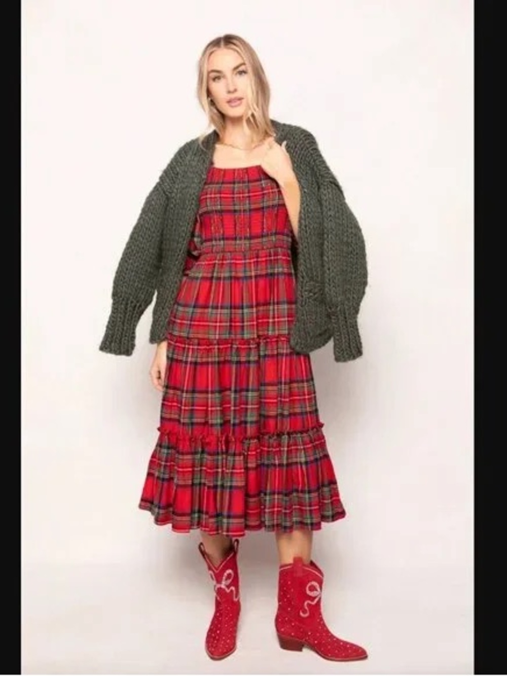 Ivy City Co Madeline Dress in Holiday Plaid Red Midi XS - Picture 11 of 12
